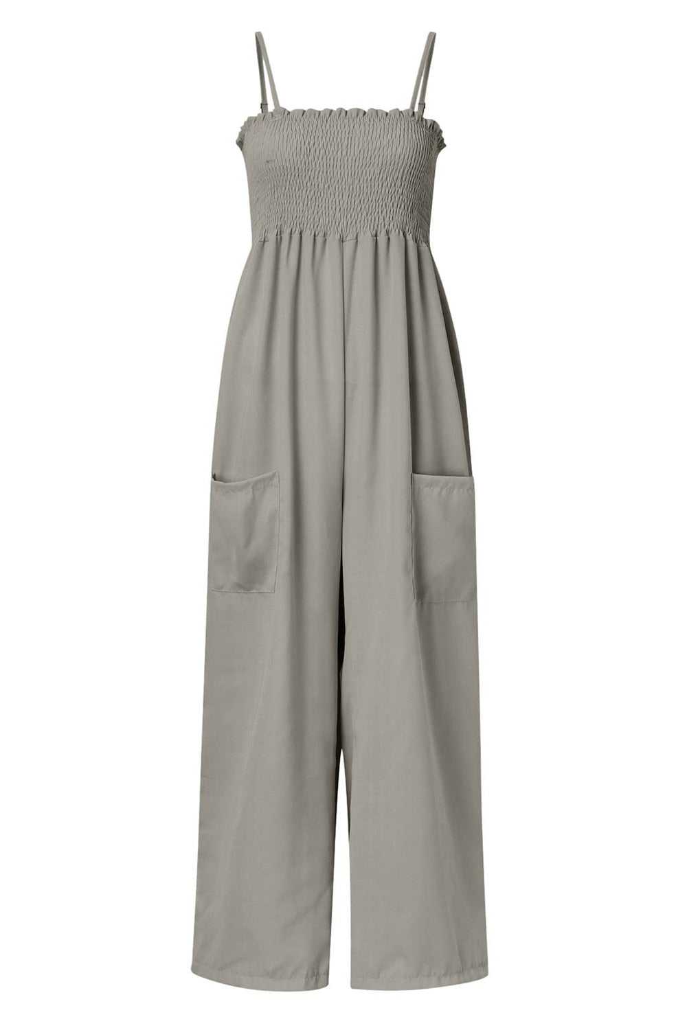 Gray smocked bodice palazzo jumpsuit with wide legs and side pockets.