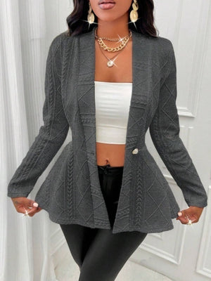 Gray textured knit peplum blazer with a single button and open front.