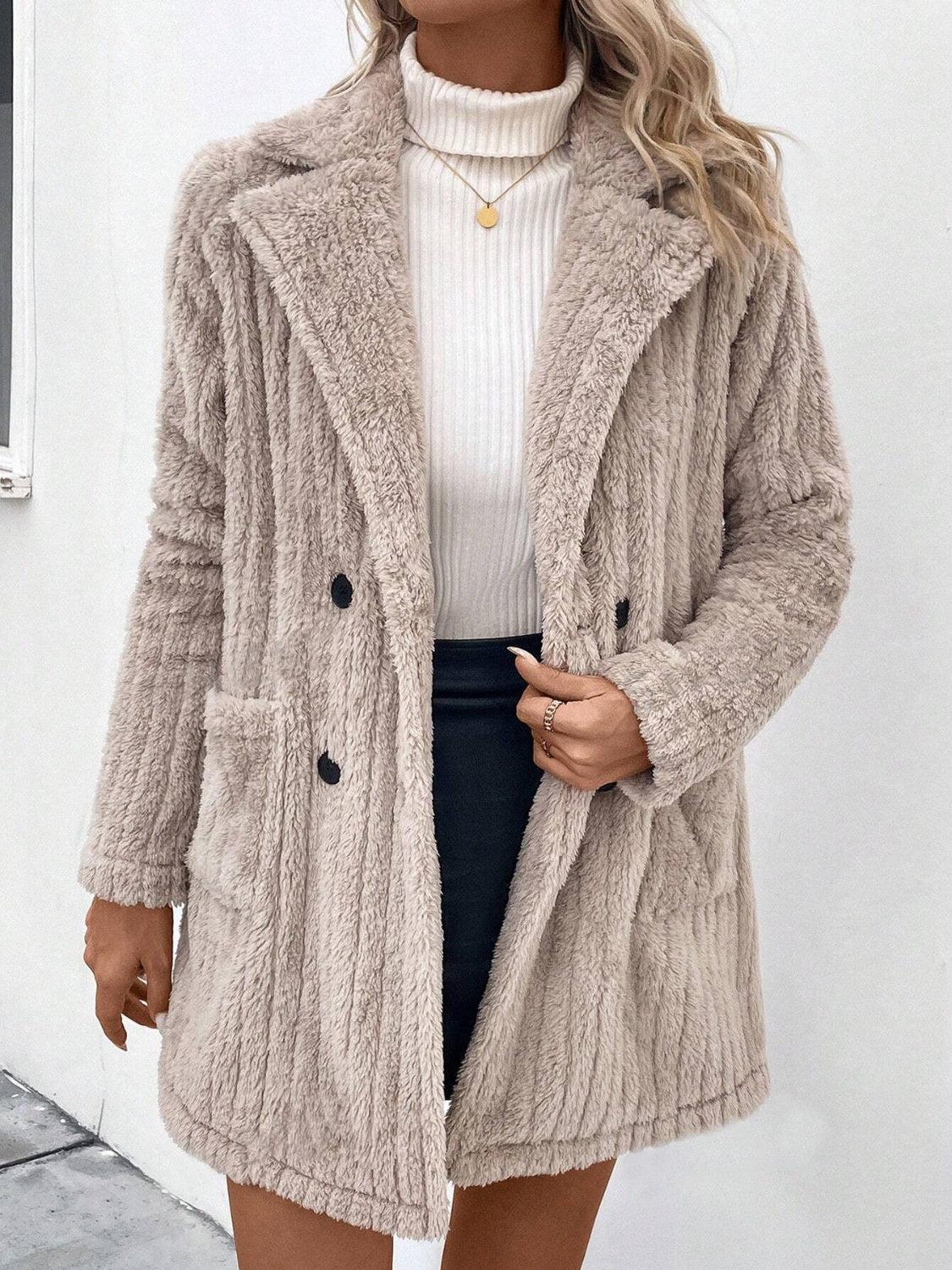 Textured teddy bear double-breasted overcoat in Dust Storm with button details and pockets.