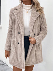 Textured teddy bear double-breasted overcoat in Dust Storm with button details and pockets.