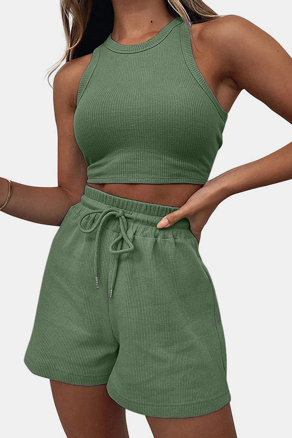 Ribbed knit crop top and drawstring shorts set in Matcha Green.