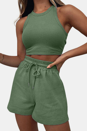 Ribbed knit crop top and drawstring shorts set in Matcha Green.