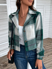 Green plaid cropped shirt jacket with statement collar and button front.