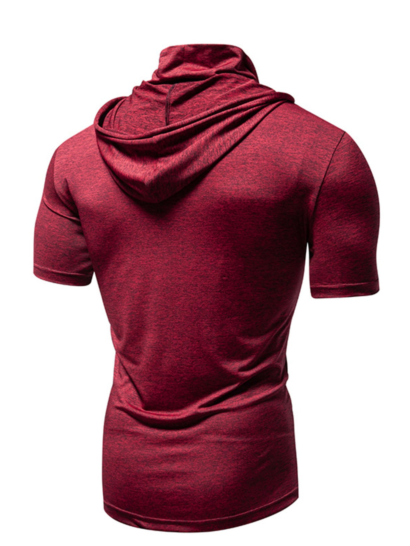 Men's burgundy heathered hooded t-shirt with cowl neck and short sleeves