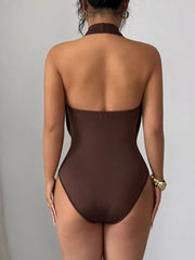 Brown halter neck cutout ruched bodysuit with high-cut leg