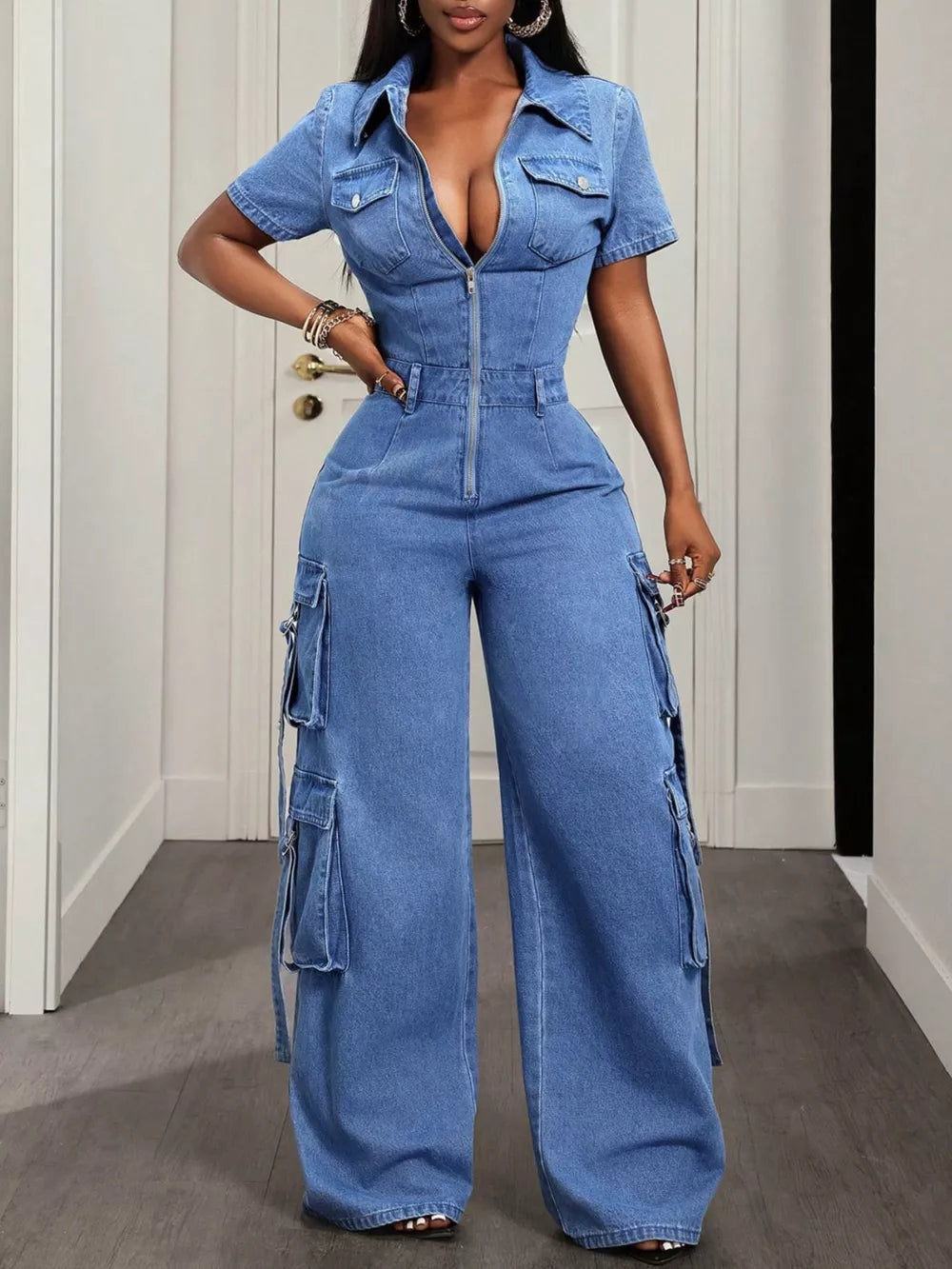 Zip Front Short Sleeve Denim Jumpsuit, model styling view