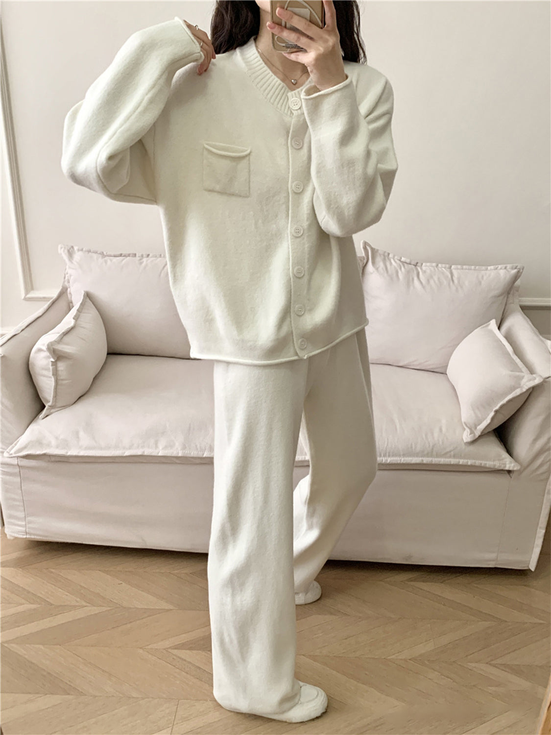 White ribbed knit cardigan with pocket and wide leg pants set