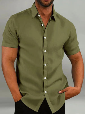 Men's short sleeve army green linen-blend button-down shirt with a tailored fit.