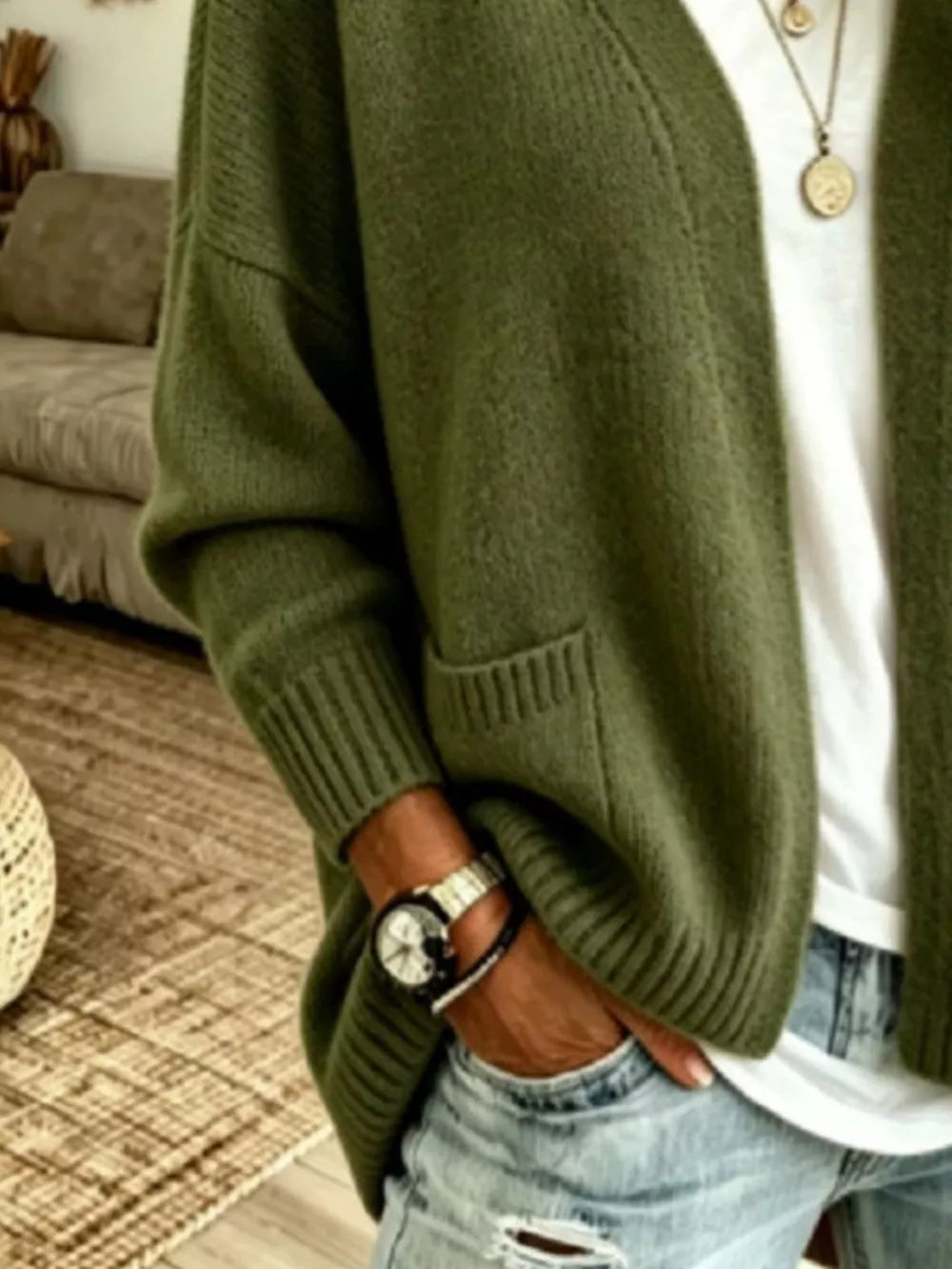 Open Front Knit Cardigan With Pockets in Army Green, alternate angle