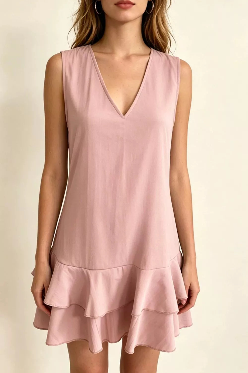 Dusty Pink V-neck mini dress with double ruffle hem.