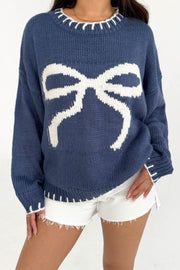Dusty Blue knit crewneck sweater with white bow graphic and contrast stitching