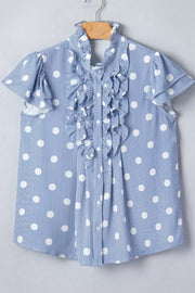 Blue and white polka dot and stripe ruffled shirt with button-down front and short sleeves.
