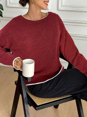 Burgundy knit sweater with white trim and crew neck, featuring a bowknot back detail.