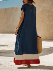 Chic V-neck Maxi Dress With Color-blocked Hem