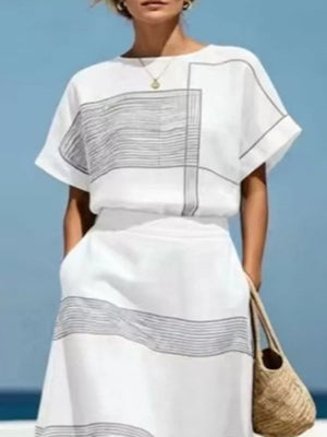 Full Size Striped Round Neck Top And Skirt Set, product detail