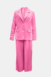 Hot Pink pant suit with track stripes on blazer and pants.