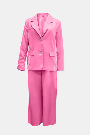 Hot Pink pant suit with track stripes on blazer and pants.