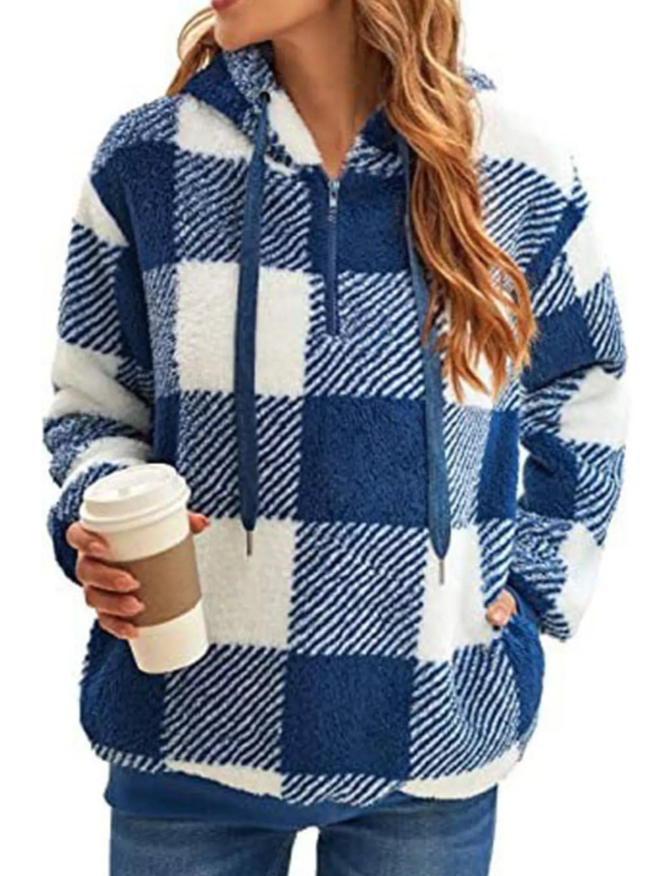 Blue plaid sherpa hoodie with drawstring and quarter zip