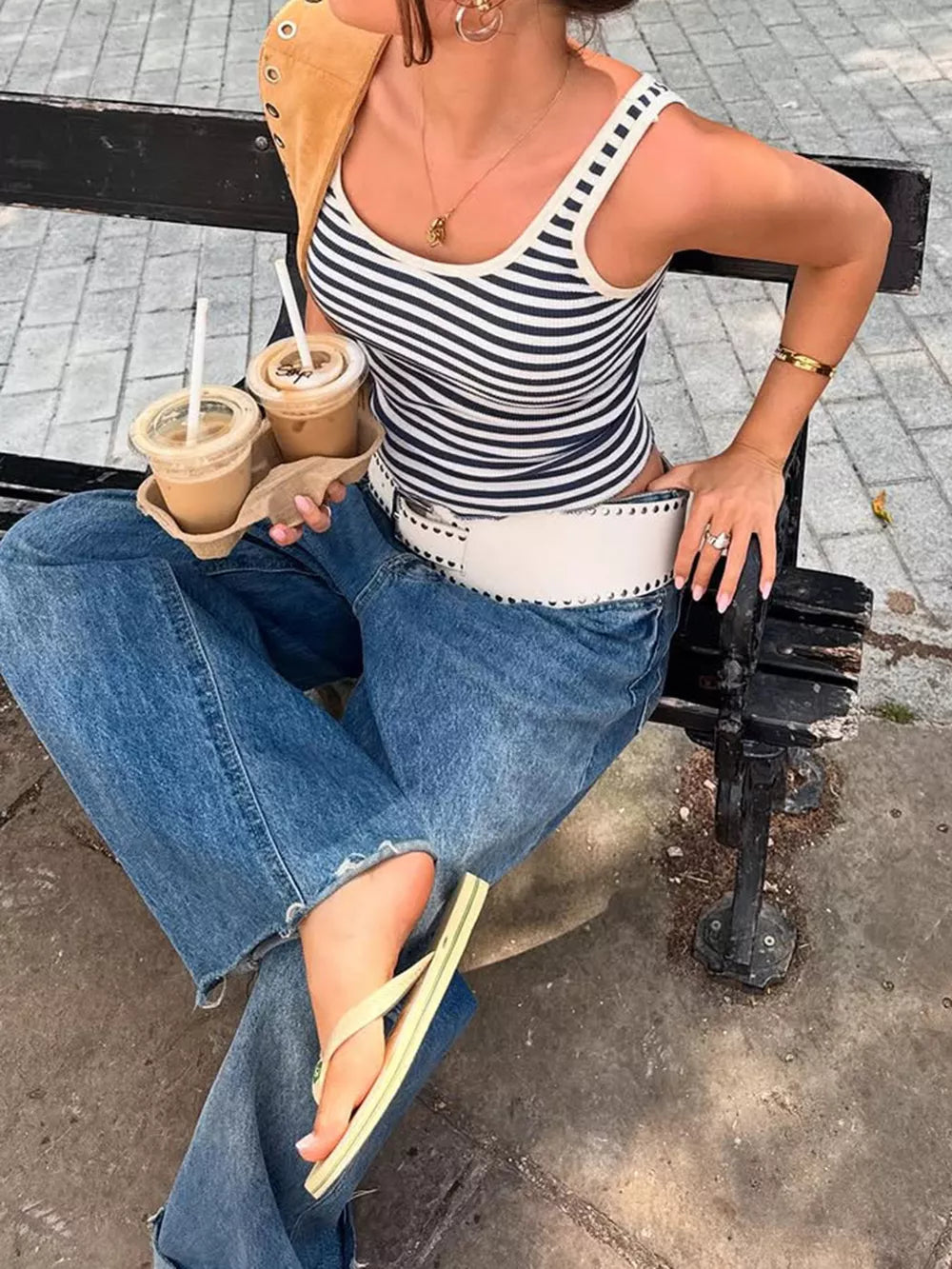 Ribbed striped scoop neck tank top with contrast trim.