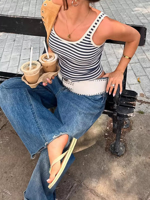 Ribbed striped scoop neck tank top with contrast trim.