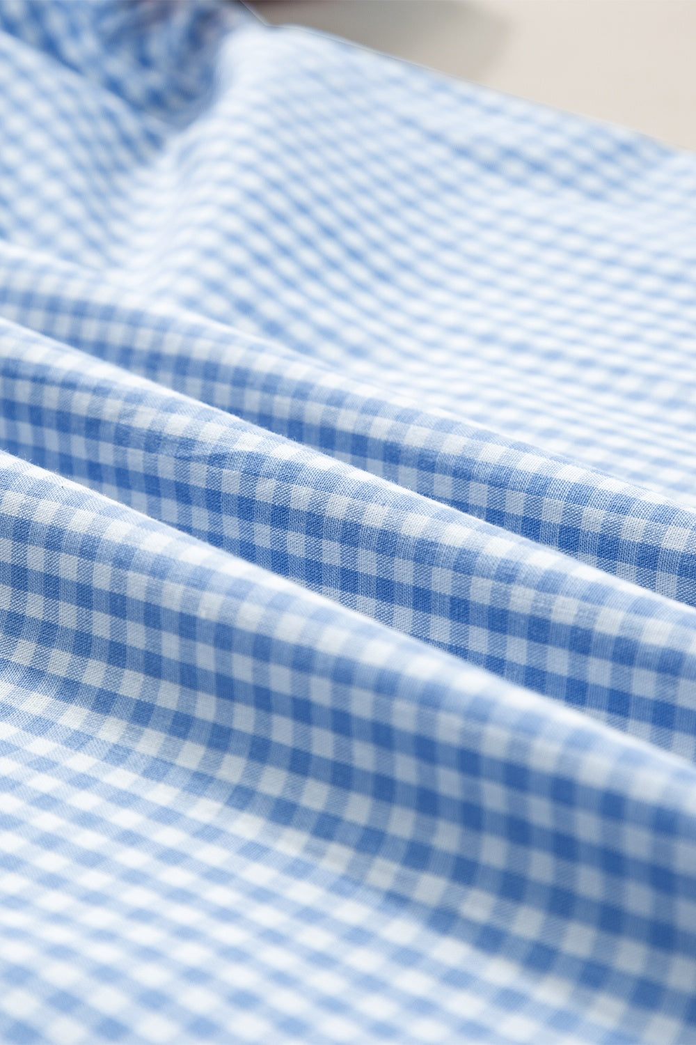 Light blue gingham embroidered sleeve blouse fabric detail