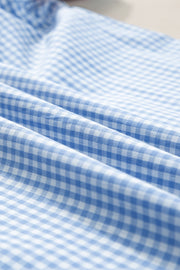 Light blue gingham embroidered sleeve blouse fabric detail