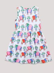 Toddler sleeveless A-line dress with colorful elephant print on white fabric.