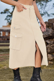 Tan denim midi skirt with cargo pockets and front slit
