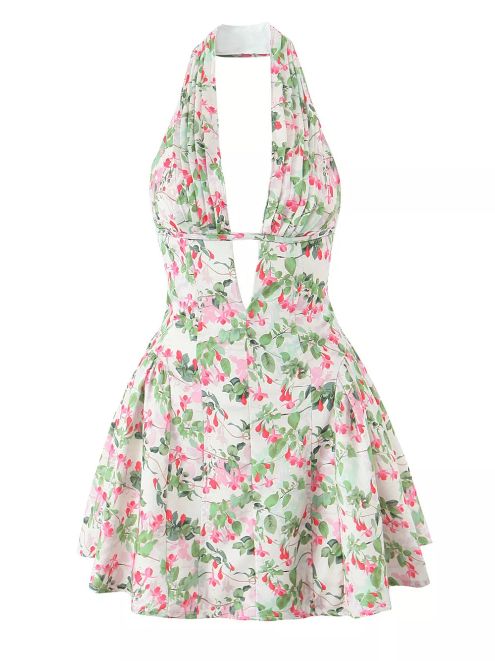 Floral halter neck mini dress with plunging neckline and pleated skirt.