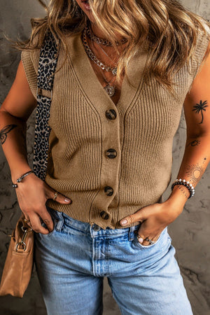 Camel ribbed button-down cardigan vest with V-neck and brown buttons