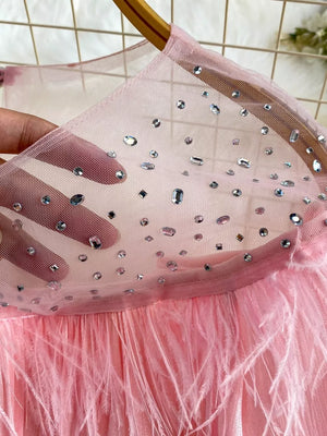Pink sheer mesh blouse with scattered rhinestones and feather trim detail.