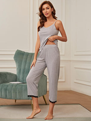 Light gray cami lounge set with lace trim on cropped pants.