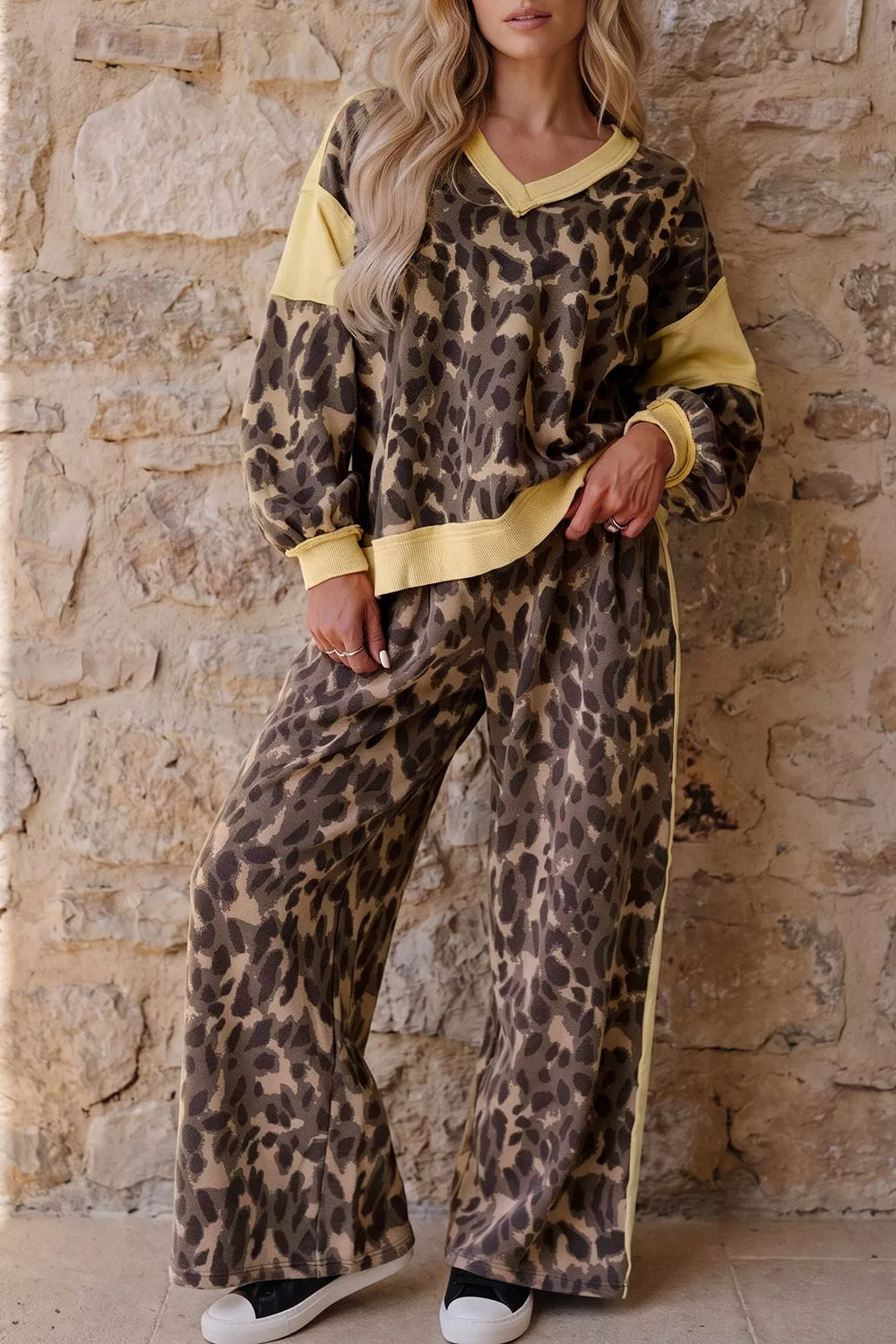 Leopard Print Long Sleeve V-neck Top & Pant Set in Coffee Brown, front view