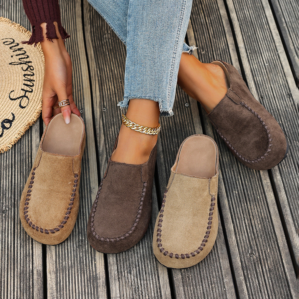 Comfortable round toe slip-on flats in brown, beige, and khaki suede with decorative stitching.
