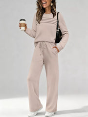 Apricot casual long-sleeve top and drawstring pants set with horizontal chest stripes and pockets.