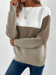 Colorblock ribbed knit sweater with boatneck in white and taupe.
