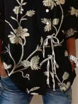 Embroidered Floral Tie Front Shirt Plus Size in Blue, view 12