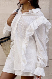 White textured ruffle trim shirt set with collared neckline and long sleeves.