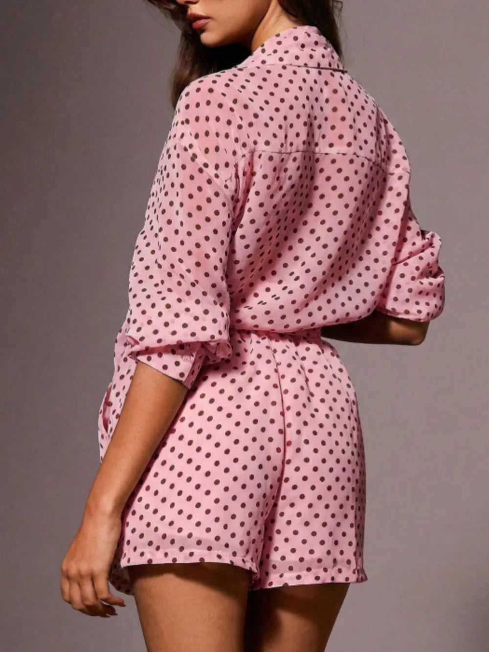 Pink polka dot sheer two-piece set with collared shirt and shorts