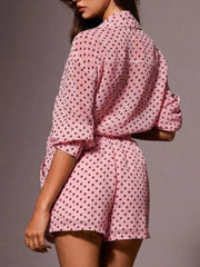 Pink polka dot sheer two-piece set with collared shirt and shorts