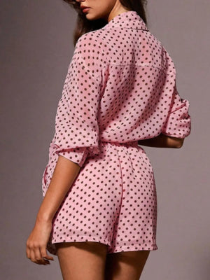 Pink polka dot sheer two-piece set with collared shirt and shorts