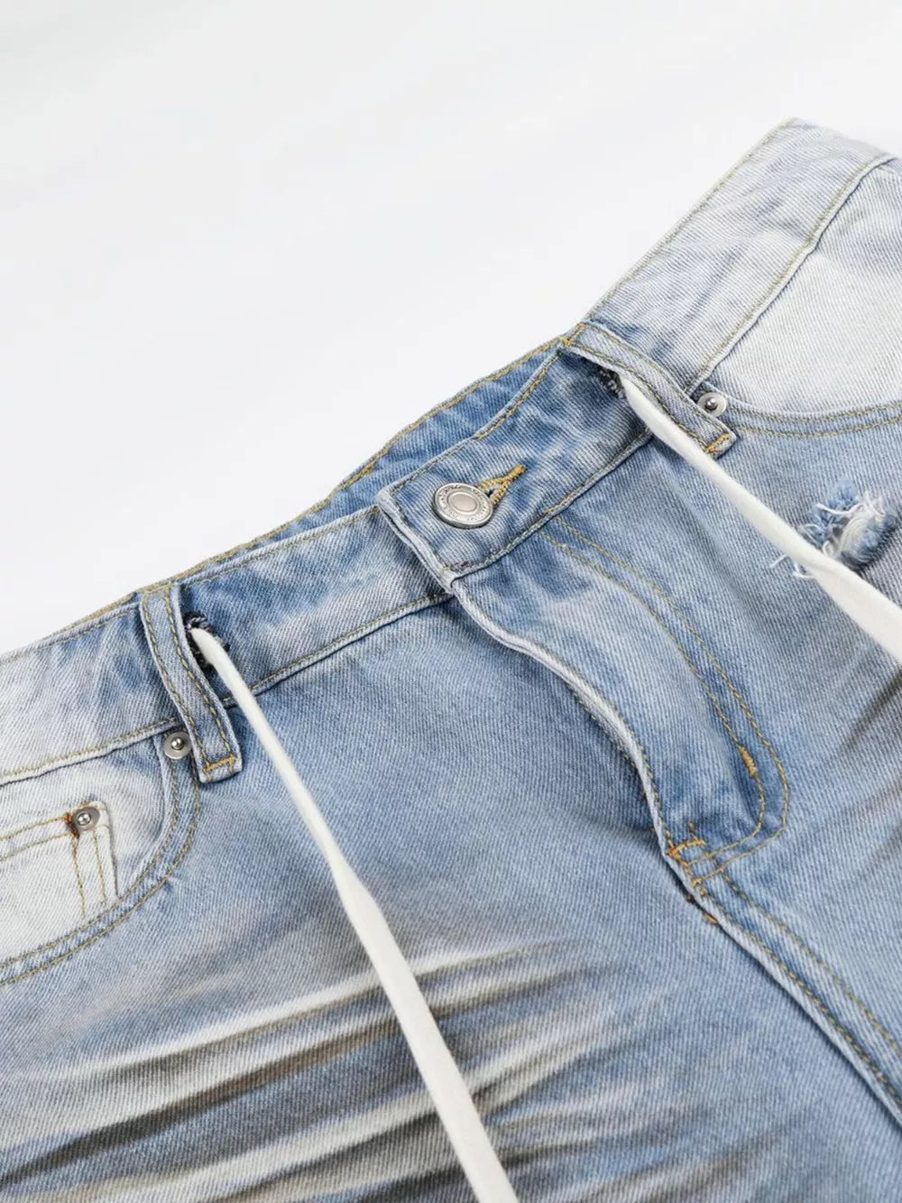 Light blue distressed wide-leg capri jeans for men with drawstring detail