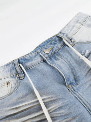 Light blue distressed wide-leg capri jeans for men with drawstring detail