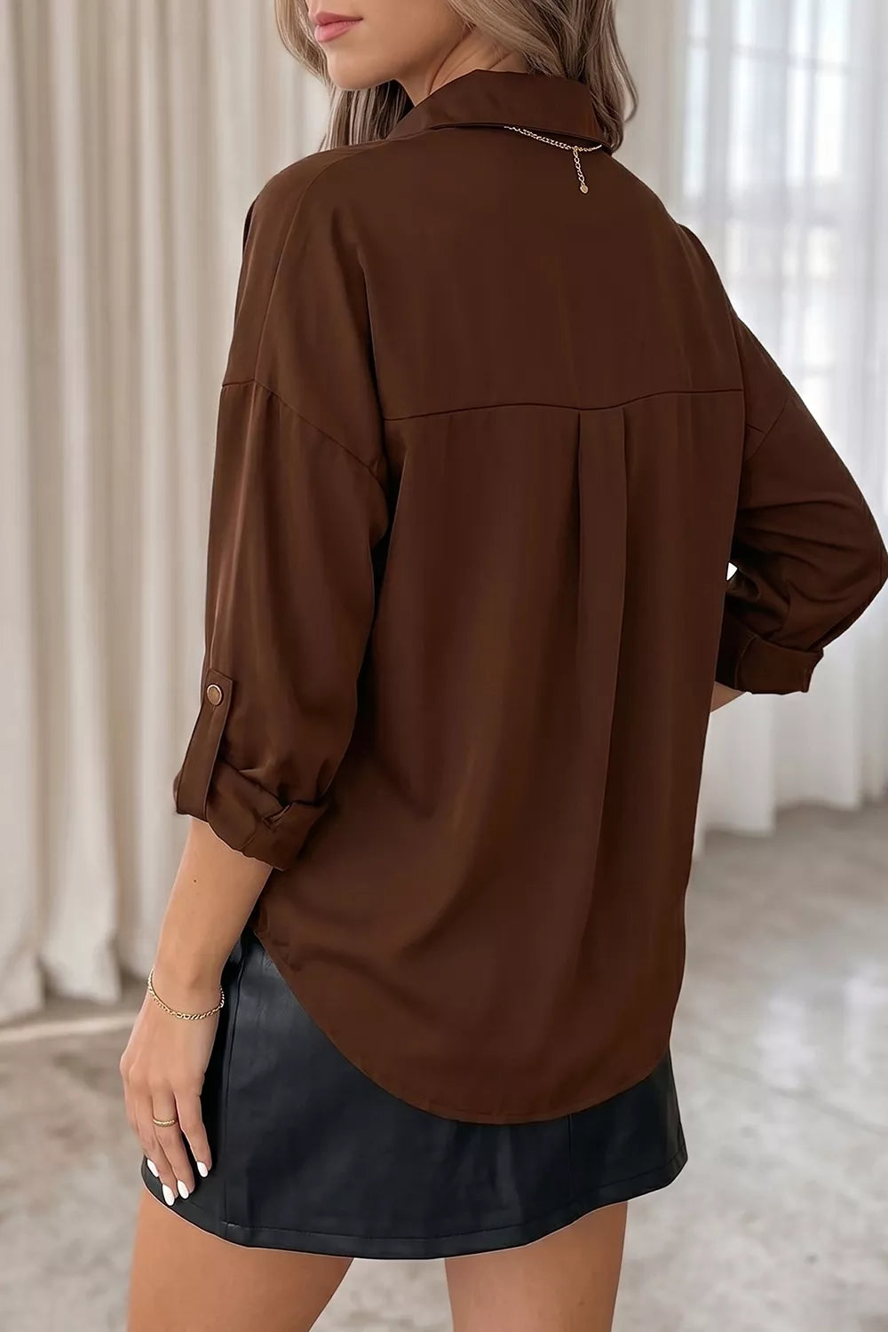 Dark Brown relaxed button-up shirt with collared