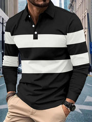 Men's black and white horizontal stripe long sleeve polo shirt with a collar and button placket.