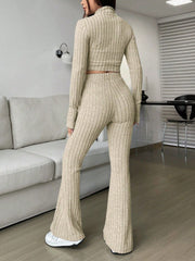 Ribbed knit crop top and flare pants set in Khaki, styled casually.