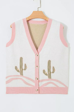 Color Block Cactus Pattern Western Sweater Vest, front view