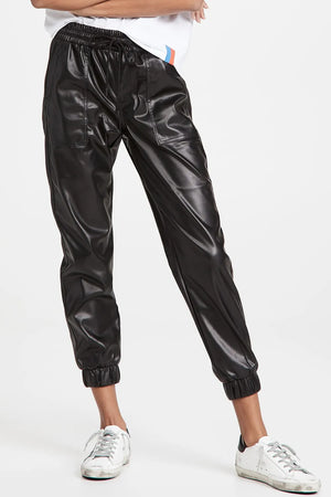 Black faux leather joggers with patch pockets and elastic cuffs.