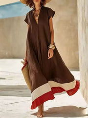 Chic V-neck Maxi Dress With Color-blocked Hem