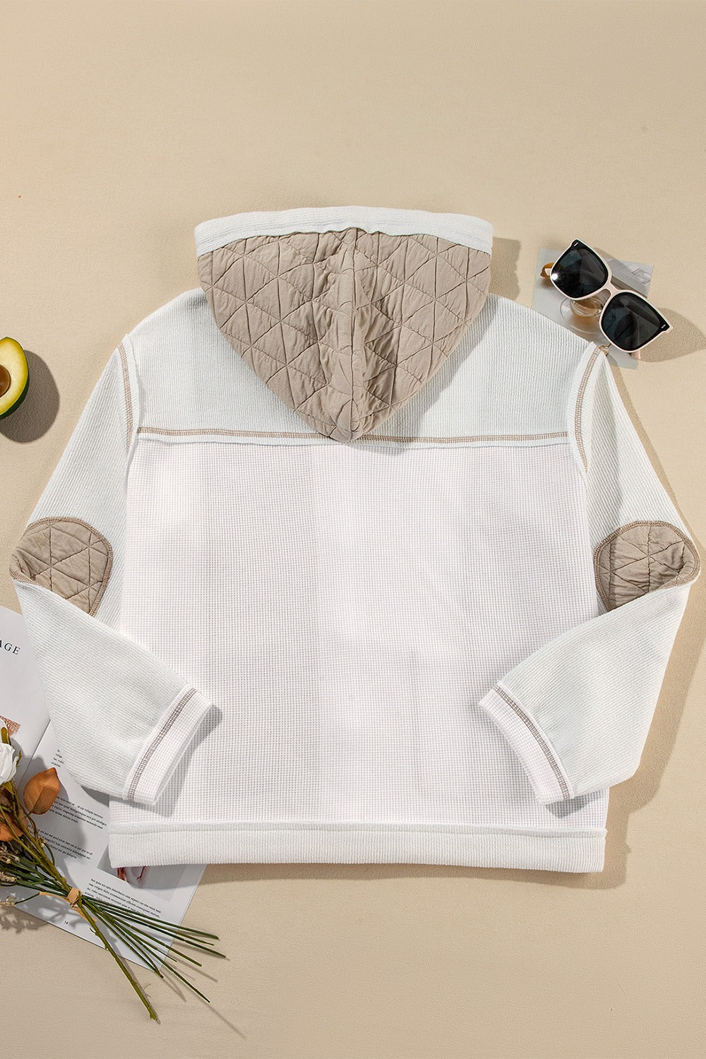 White waffle knit hoodie with quilted panel hood and elbow patches